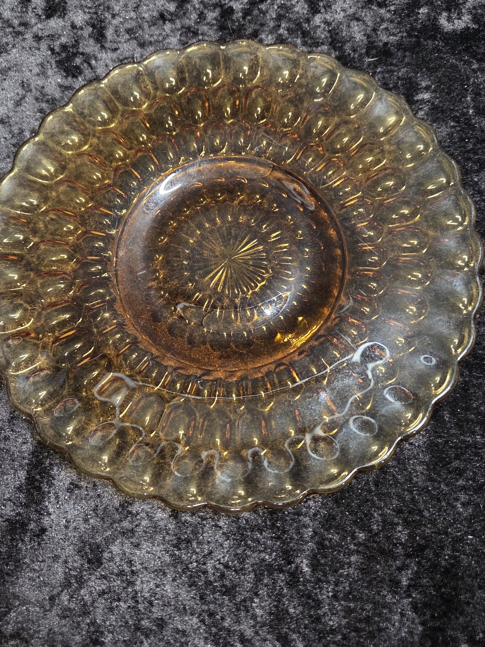 Vintage Amber Thumbprint Glass Luncheon Salad Plate Fenton 8.5in Dia USA